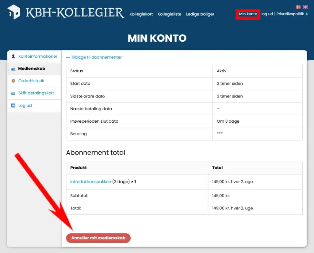 Billede af hvordan man annullere medlemskab. Klik på annuller mit medlemskab i Min Konto, under medlemskab, efter du har klikket på Opsig abonnement.