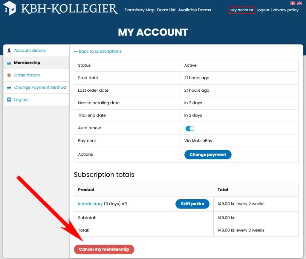 Image showing how to cancel membership: Click on "Cancel My Membership" in My Account, under Membership, after you have clicked on "Cancel Subscription".