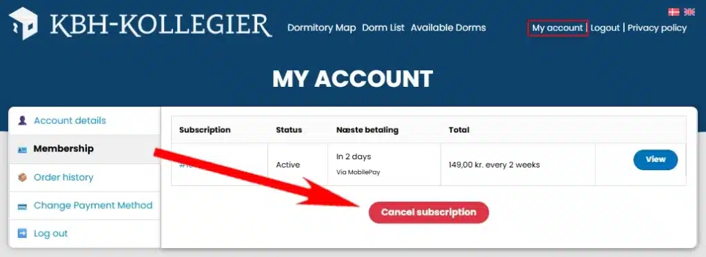 Image showing how to cancel subscription: Click on "Cancel Subscription".