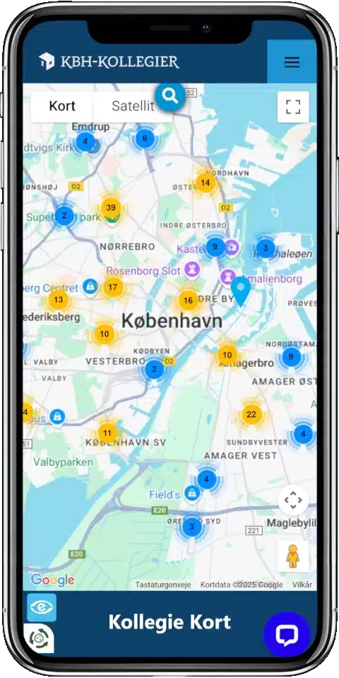 Screenshot of “search dormitories in Copenhagen” on a mobile device